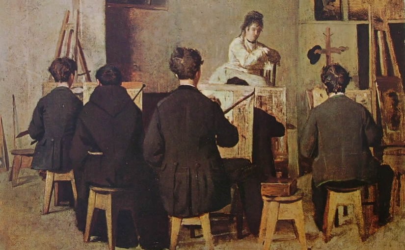 Giacomo Favretto: Scuola di Pittura, 52 x 62 collezione privata Venezia.